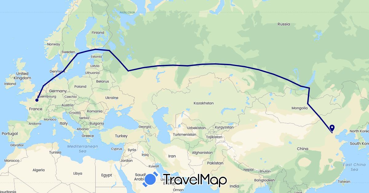 TravelMap itinerary: driving in China, Denmark, Finland, France, Mongolia, Netherlands, Russia, Sweden (Asia, Europe)